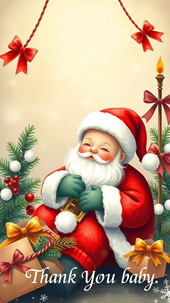 A cheerful Santa in a red suit with a white beard, surrounded by Christmas decorations, holding a gift with the text 'Thank You Baby.'