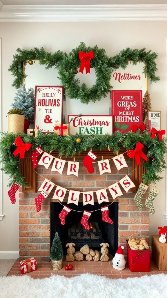 33+ Creative Christmas Mantle Decor Ideas to Transform Your Home 10 A festive holiday mantle decorated with cheerful signage, greenery, and stockings.
