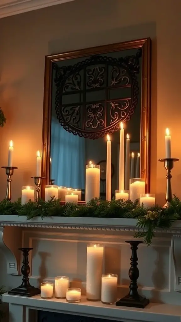 27+ Stunning Fall Mantle Decor Ideas You’ll Love 6 A cozy mantle decorated with various candles and greenery, reflecting warm light.