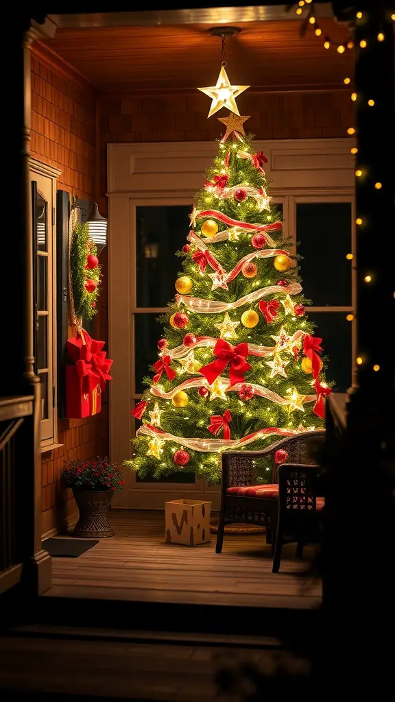 23+ Festive Front Porch Christmas Decor Ideas You’ll Love 17 A beautifully decorated Christmas tree with outdoor lights on a front porch, surrounded by festive decorations.