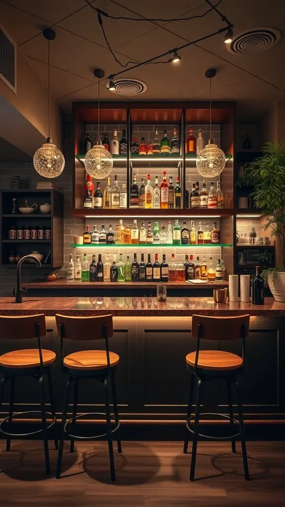 27+ Creative Open Basement Ideas You’ll Love 8 Stylish basement bar with a well-stocked shelf and seating