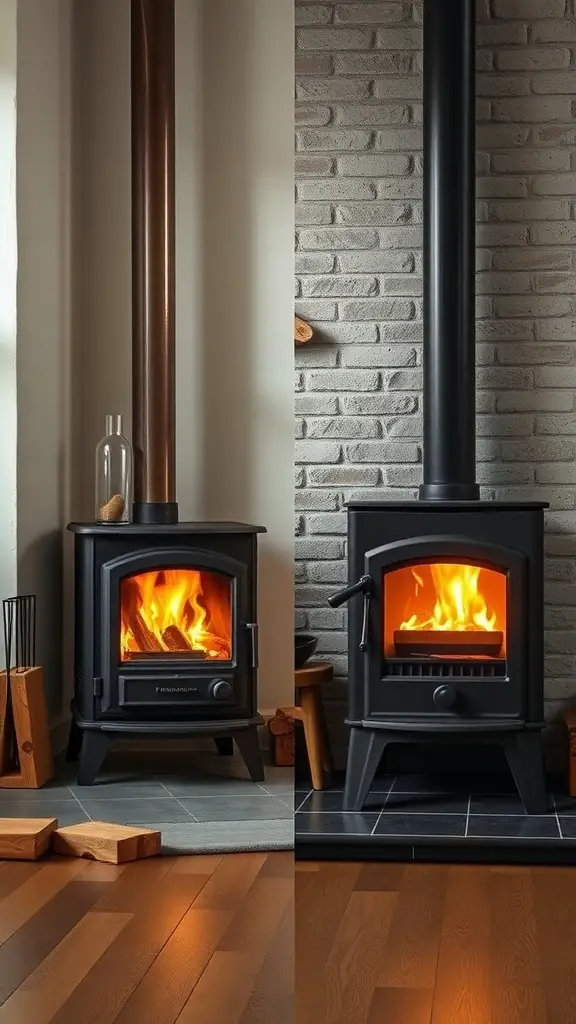 Comparison of a traditional wood stove and a contemporary wood stove.