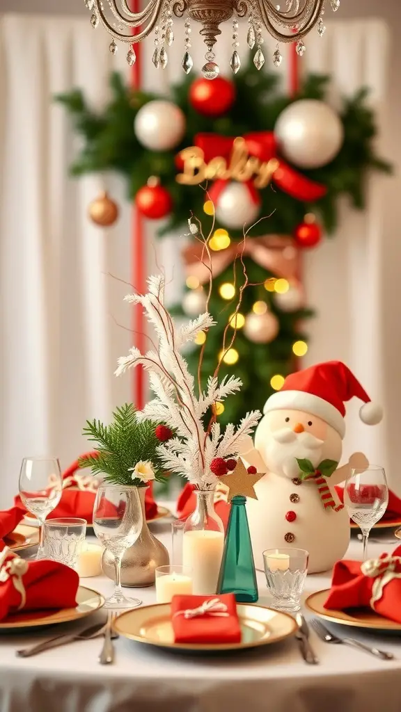 A festive table setting for a Santa Baby baby shower featuring a snowman centerpiece, red napkins, and a decorative wreath in the background.