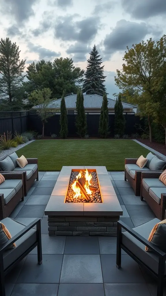 23+ Stunning Rectangular Backyard Design Ideas You’ll Love 9 A modern backyard with a fire pit surrounded by seating, showcasing a cozy outdoor space.