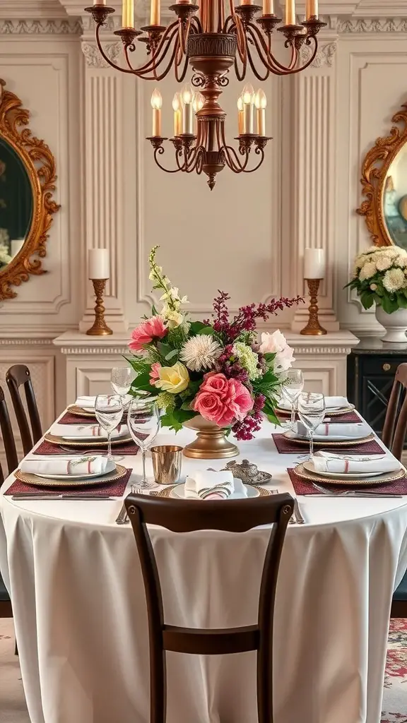 A beautifully set dining table with a chandelier and floral centerpiece, reflecting Ralph Lauren's aesthetic.