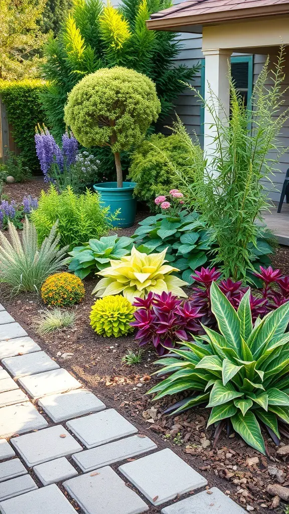 31+ Inspiring Bio Garden Ideas for a Sustainable Backyard 3 A colorful garden with various plants, showcasing a mix of ornamental and edible landscaping.