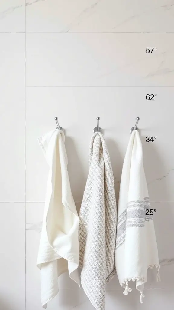 Three towel hooks on a wall with towels hanging, showing different heights for accessibility.