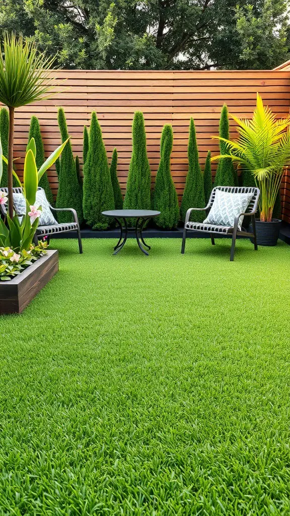 A low-maintenance yard featuring decorative artificial grass, tall green shrubs, and stylish seating.