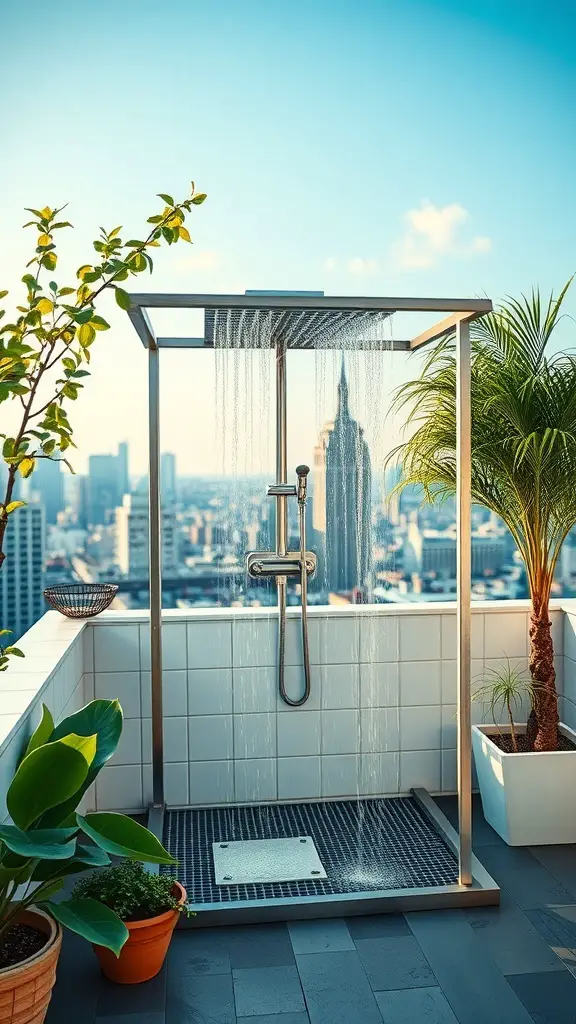 A modern outdoor shower on a rooftop with a city skyline in the background, surrounded by potted plants.