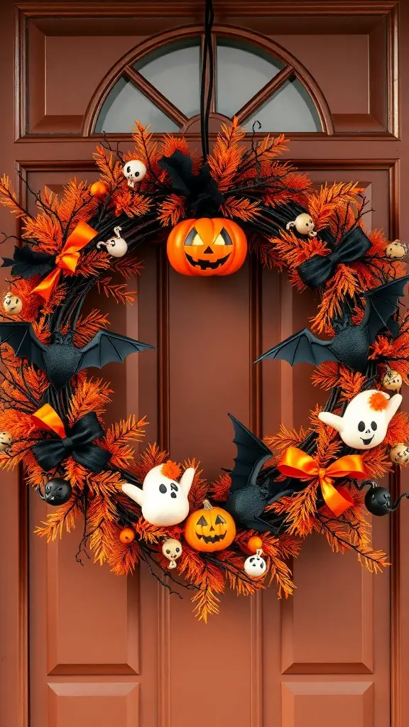 A classic Halloween wreath featuring orange foliage, black bats, ghosts, and a pumpkin, hanging on a brown door.