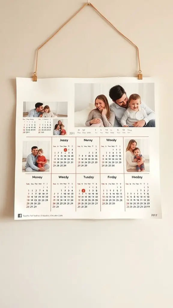A personalized calendar featuring family photos and dates.