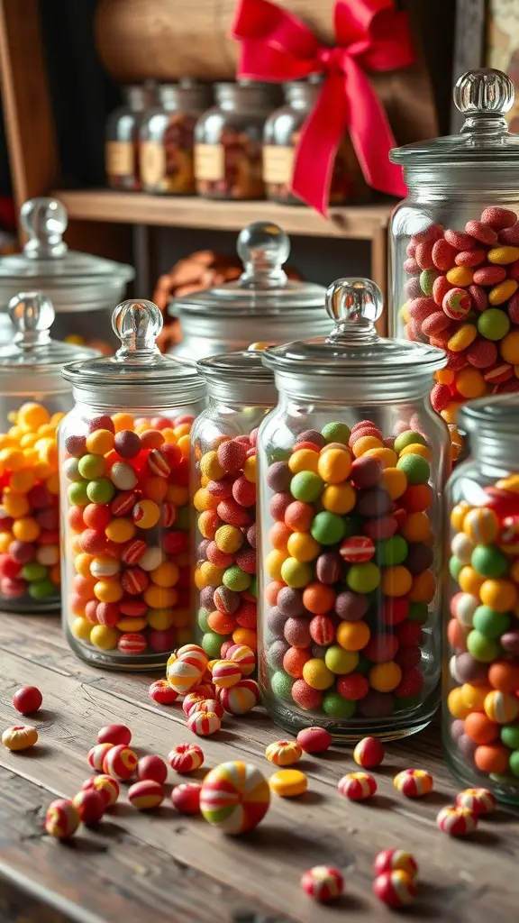 A collection of vintage glass candy jars filled with colorful candies on a wooden table.