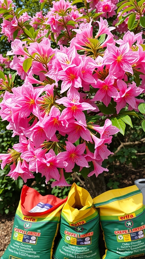 19+ Stunning Crepe Myrtle Landscaping Ideas to Transform Your Garden 12 A close-up of pink crepe myrtle flowers with bags of fertilizer in the foreground.