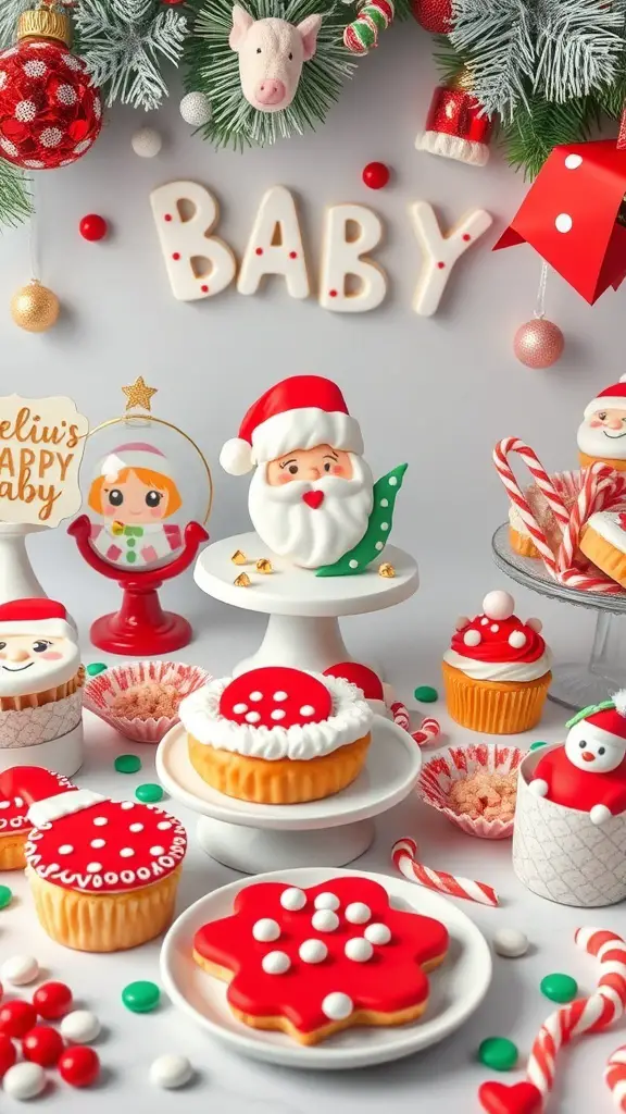 A festive table filled with Santa-themed treats for a baby shower, featuring cupcakes, cookies, and colorful candies.