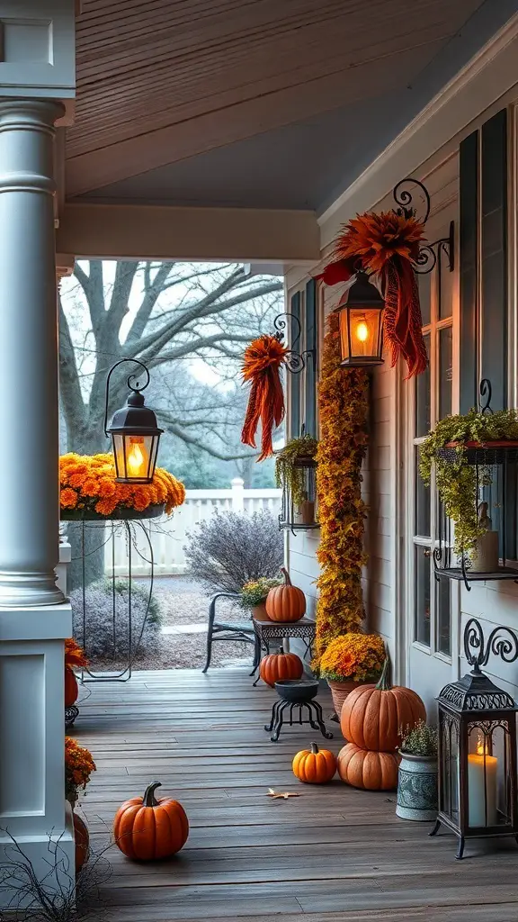 A cozy farmhouse porch decorated with vintage lanterns, pumpkins, and autumn flowers for Halloween.