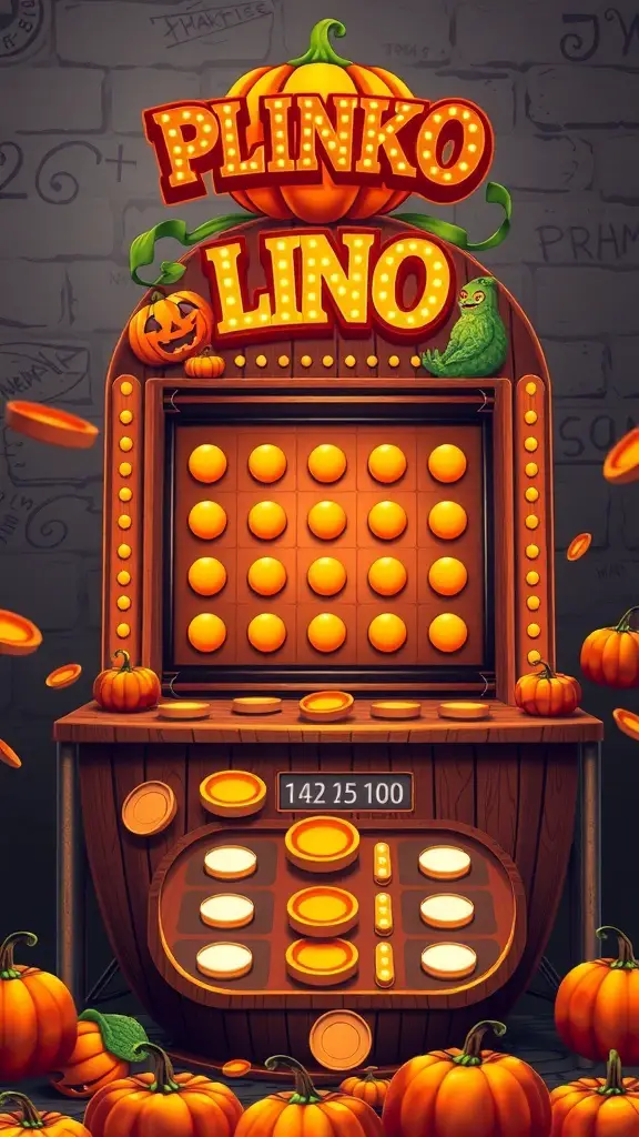 19+ Exciting Halloween Carnival Games for Spooktacular Fun 7 A colorful Pumpkin Plinko game board with pumpkins and playful characters.