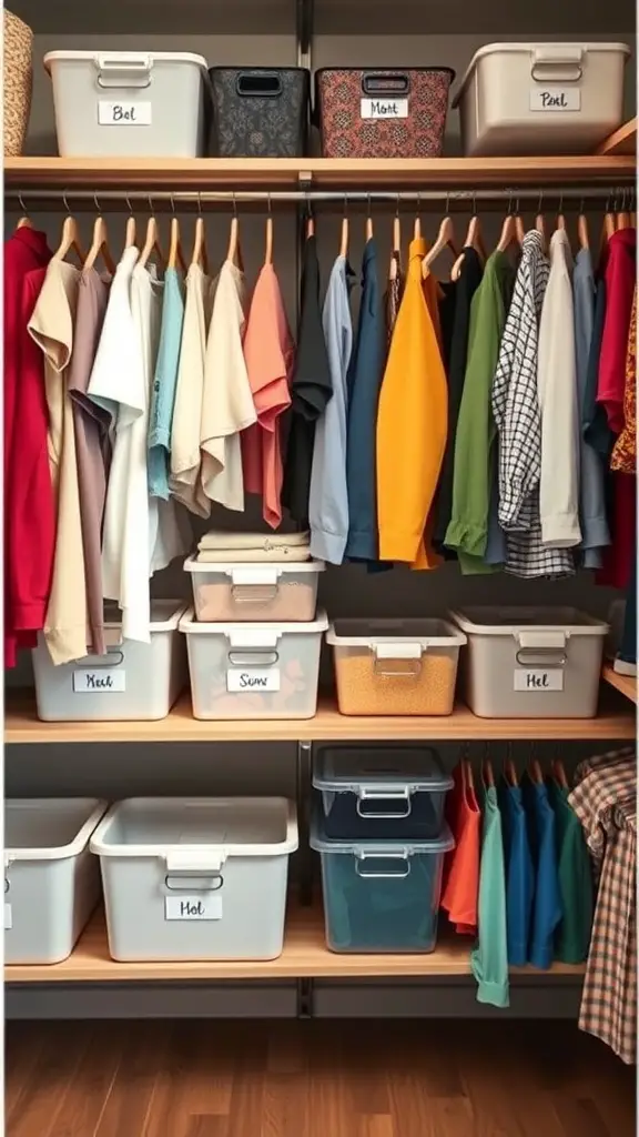 29+ Small Room Organization Ideas You Need to Try 14 An organized closet with clothes neatly hung and labeled storage bins.