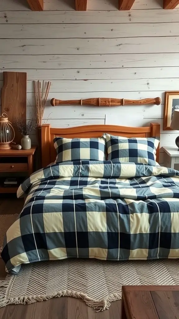 A cozy bedroom featuring plaid bedding in navy and cream, with wooden accents and a woven rug.
