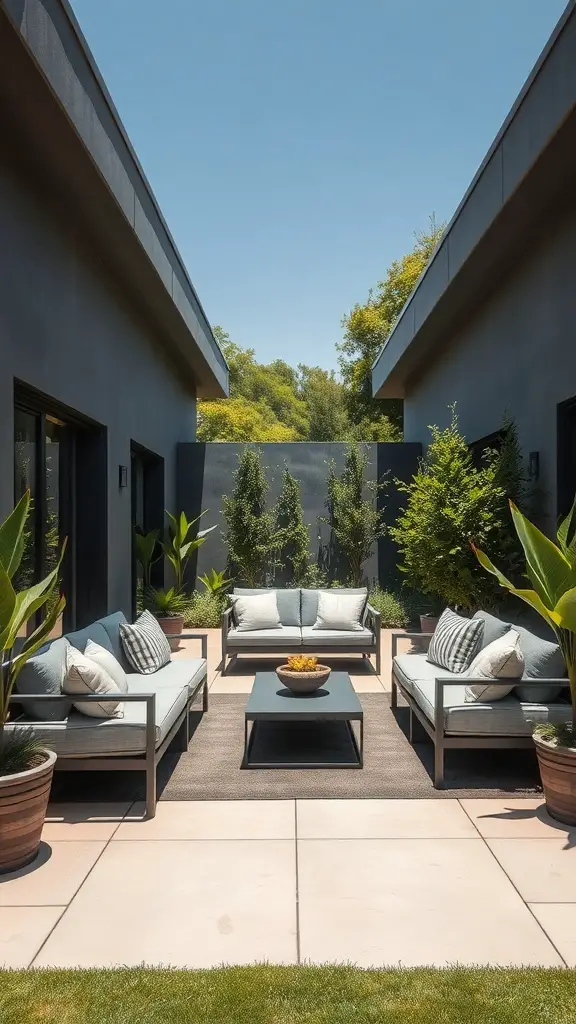 27+ Creative Long Narrow Backyard Ideas for Your Outdoor Space 5 Modern outdoor lounge with sleek furniture and potted plants in a narrow backyard.
