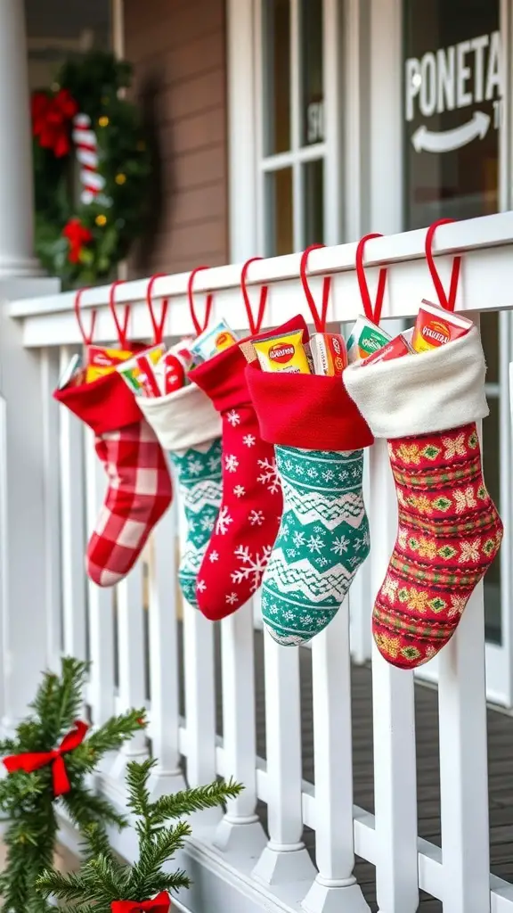 23+ Festive Front Porch Christmas Decor Ideas You’ll Love 7 Colorful Christmas stockings hanging on a porch railing