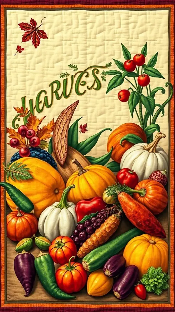A colorful quilt featuring various fruits and vegetables representing the harvest season.