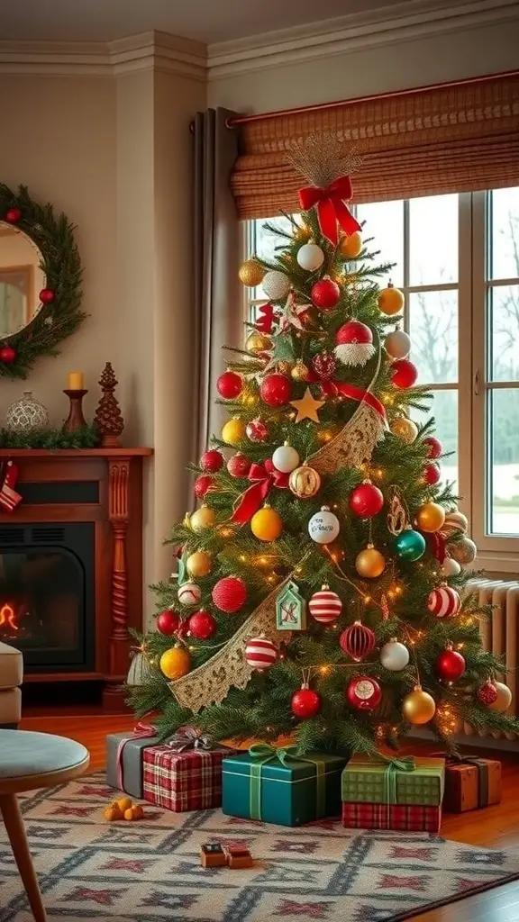 23+ Vintage Christmas Tree Ideas for a Festive Holiday Look 11 A vintage Christmas tree decorated with red and gold ornaments in a cozy living room.