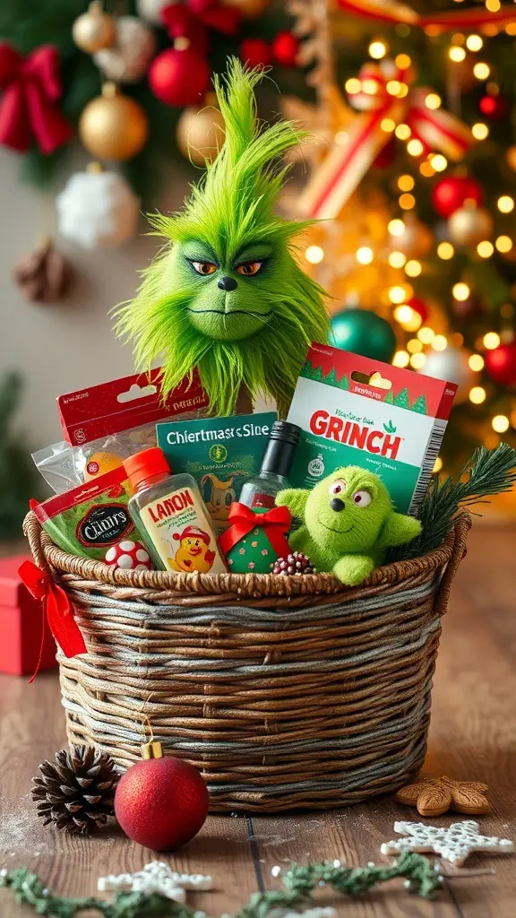 29+ Creative Dollar Tree Grinch Ideas to Spread Holiday Cheer 18 A festive Grinch-themed gift basket filled with toys, snacks, and decorations.