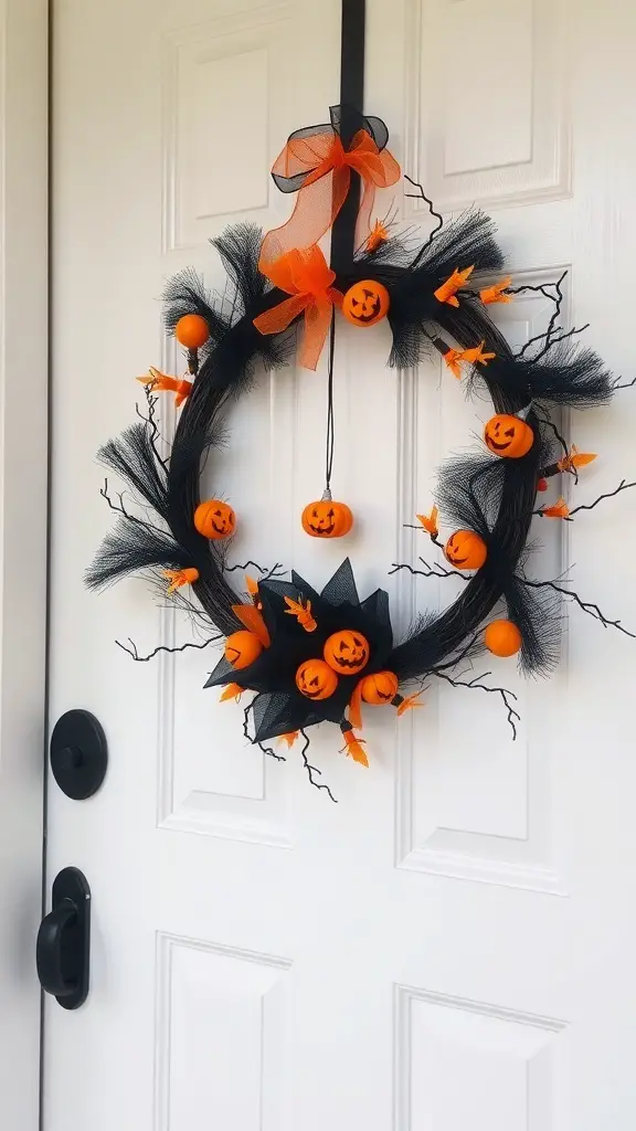 A spooky Halloween wreath featuring black tulle and orange pumpkins with jack-o'-lantern faces.