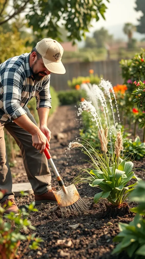 A person gardening in a vibrant landscape, focusing on maintenance practices.