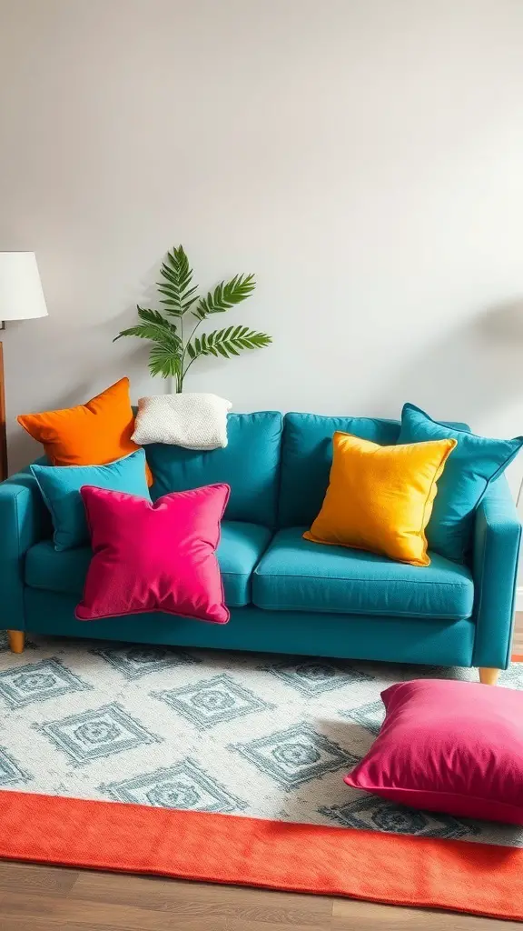 A teal couch with colorful pillows and a patterned rug in a bright living room.