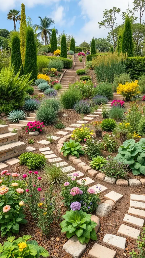 25+ Inspiring Hill Garden Ideas You Need to Try 13 A vibrant hill garden with colorful flowers, greenery, and pathways.