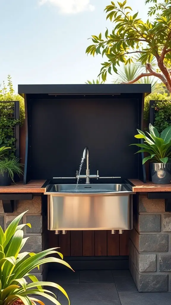 27+ Must-Have Items for the Ultimate Outdoor Grill Station 9 Outdoor grill station with a stainless steel sink surrounded by greenery
