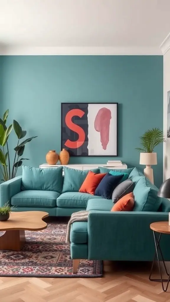 A living room featuring a teal couch with colorful pillows, a patterned rug, and a light teal wall.