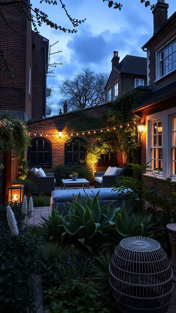29+ Inspiring London Garden Ideas for Your Urban Oasis 15 A beautifully lit garden at dusk, featuring string lights and cozy seating.