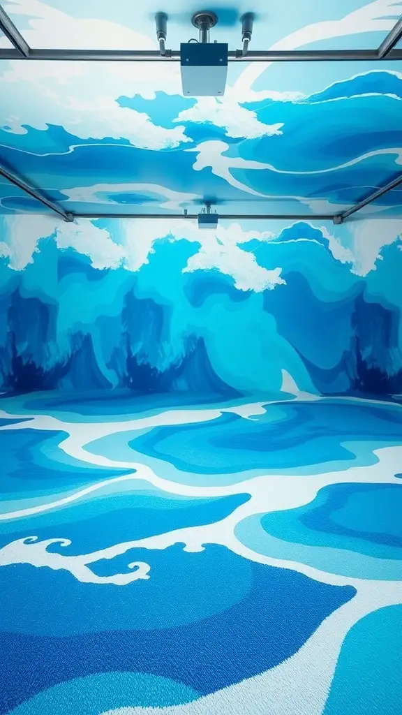 Garage painted with an ocean wave motif featuring vibrant blues and whites.