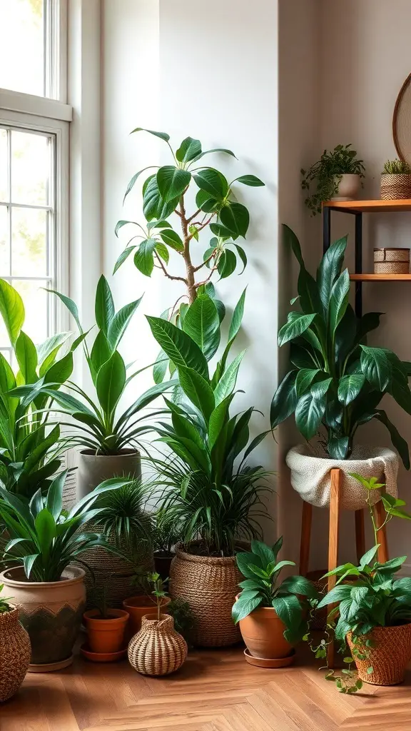 A collection of indoor plants in various pots, creating a lively and earthy atmosphere in a living room.