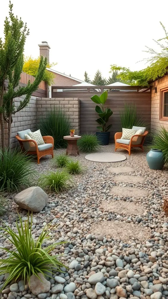 A gravel backyard oasis with comfortable seating, plants, and stepping stones.