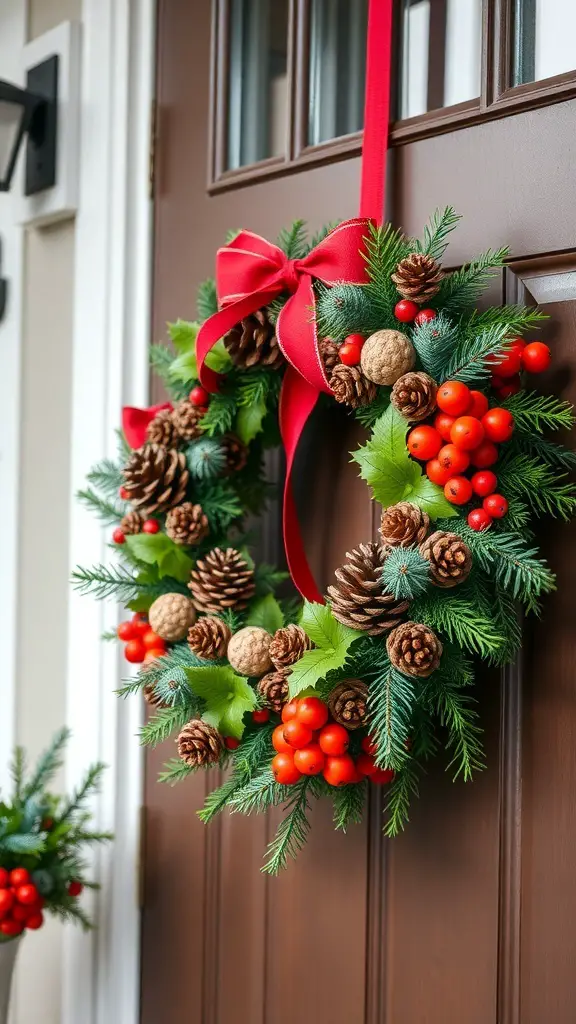 A festive wreath with pinecones, red berries, and a red ribbon hanging on a door.