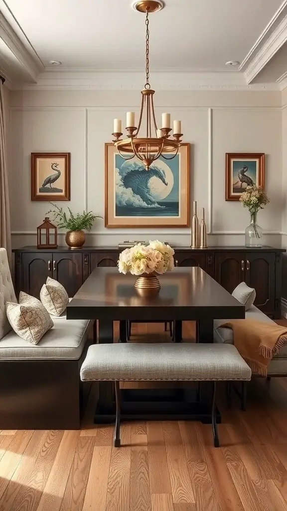 A stylish dining room with a storage wall, cozy seating, and decorative artwork.