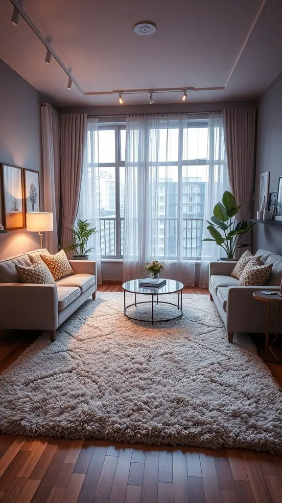 A cozy living room featuring a plush shag rug, light sofas, and a coffee table.