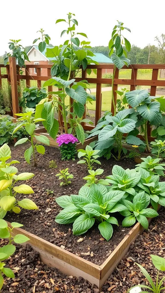 A low-maintenance vegetable garden with various plants in a wooden raised bed.