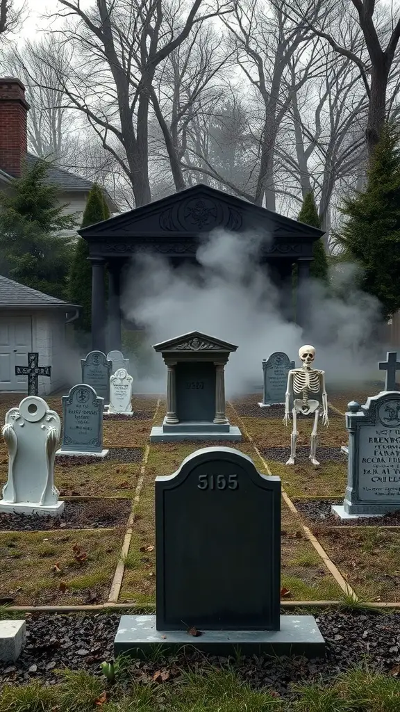 31+ Spooky Halloween House Decorations You Need This Season 14 A graveyard scene with tombstones, a skeleton, and fog.