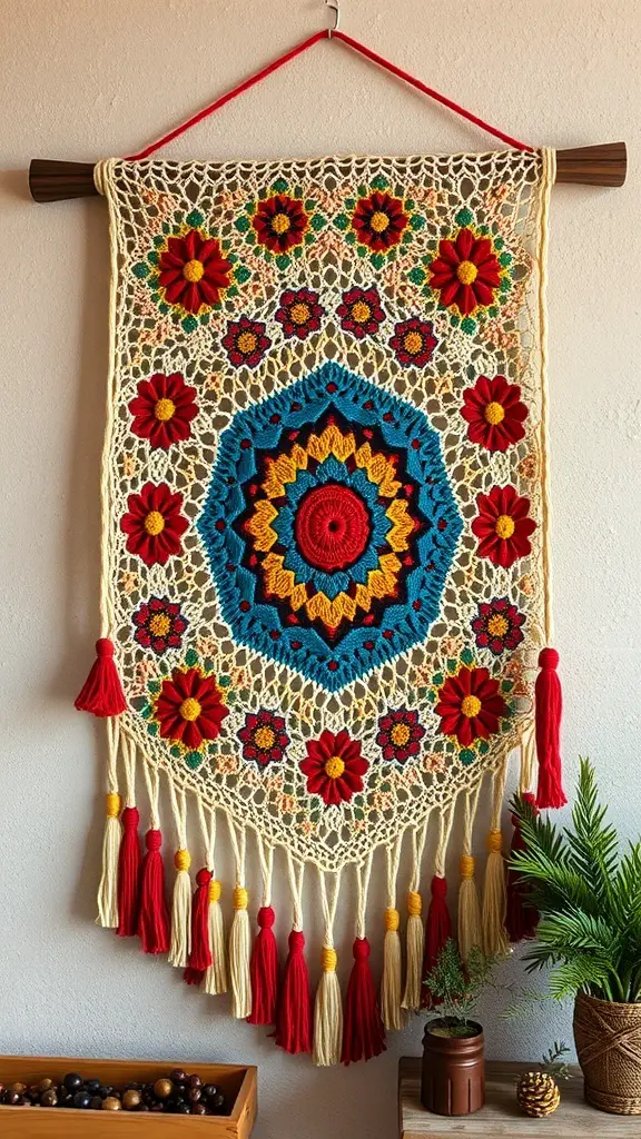 Colorful crochet wall hanging with flowers and geometric patterns