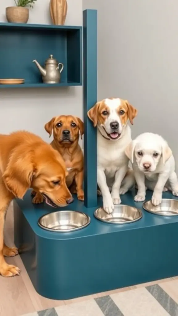 A multi-pet feeding station with several bowls and a small dog sitting on top.