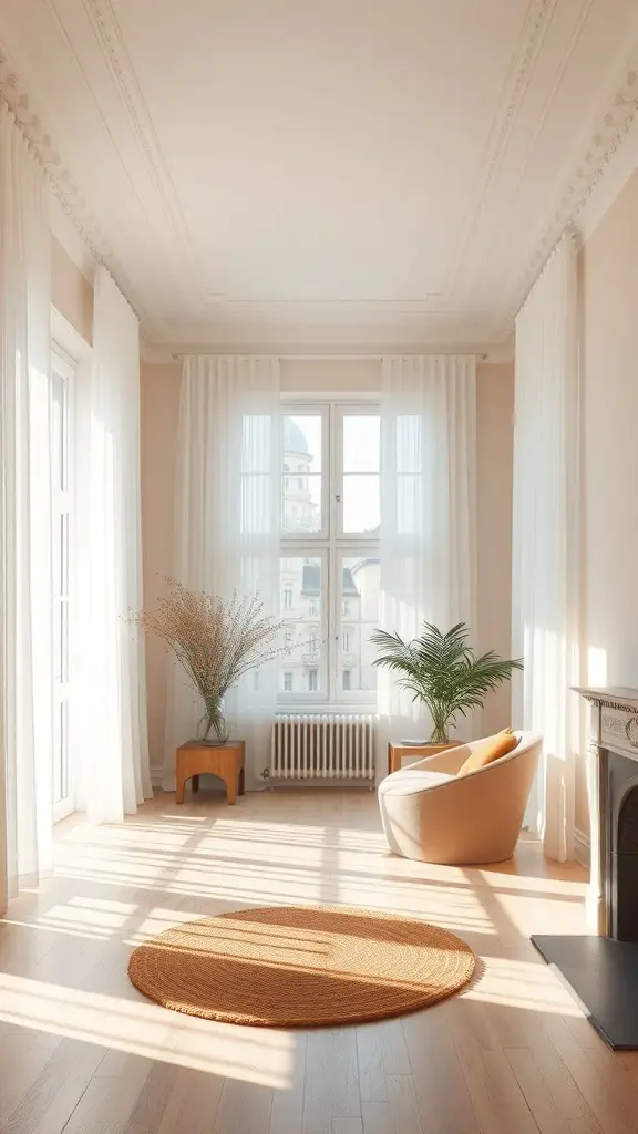 25+ Stunning Items to Achieve a Stockholm-Style Room Makeover 9 A bright and airy room with large windows, light curtains, a cozy chair, and plants.