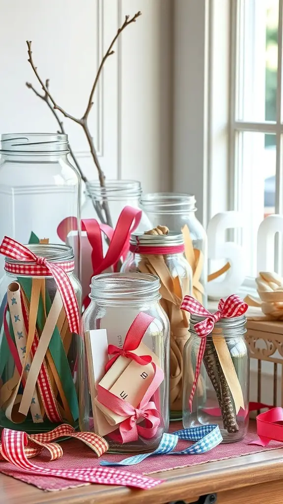 Colorful ribbons stored in glass jars with matching bows, displayed on a wooden surface.