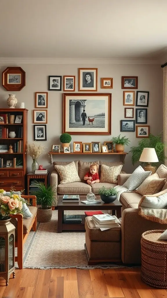 27+ Cozy English Countryside Living Room Ideas to Inspire Your Décor 13 Cozy living room with family photos, plants, and a child relaxing on the sofa