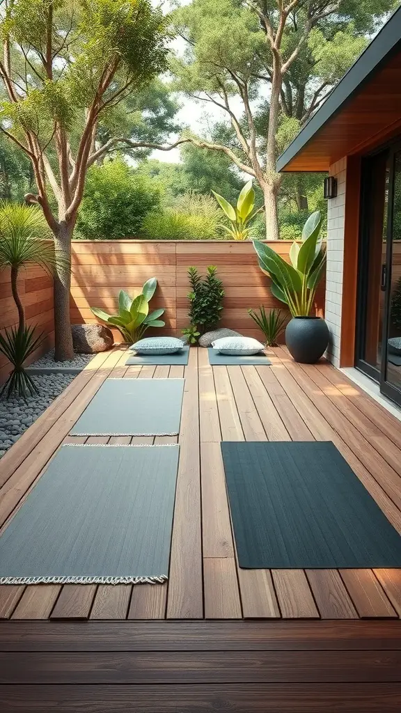 A modern outdoor yoga space featuring wooden decking, yoga mats, and lush greenery.