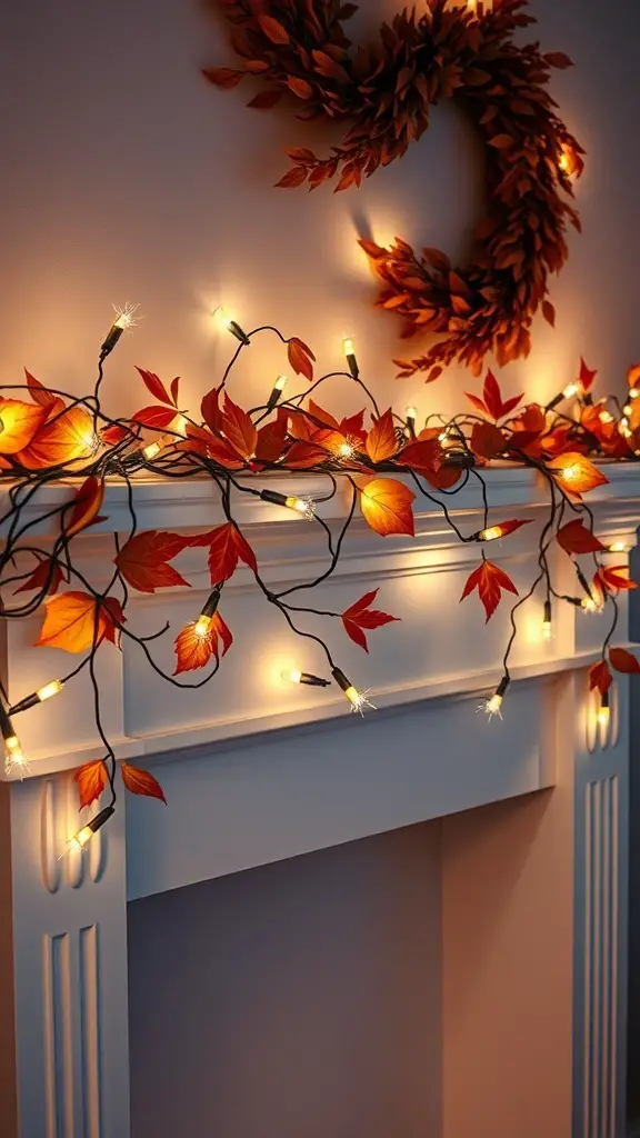27+ Stunning Fall Mantle Decor Ideas You’ll Love 11 A fall-themed mantle decorated with fairy lights and autumn leaves.