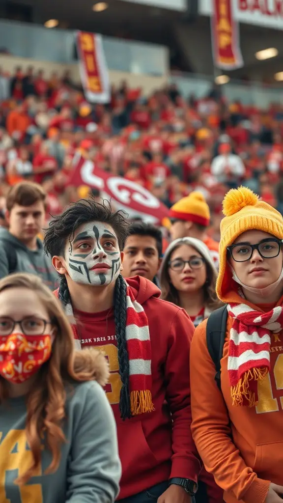 Fans at a college football game showing team spirit with face paint and team colors.